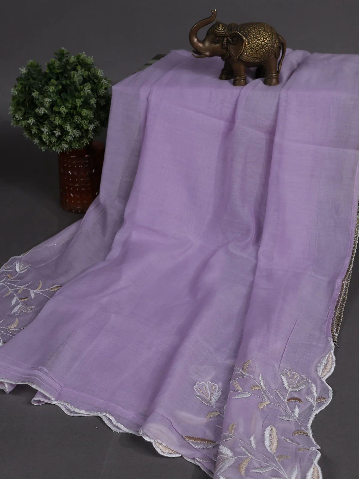 Off White -Lavender Mul Chanderi Semi Stitched Suit - Image 3