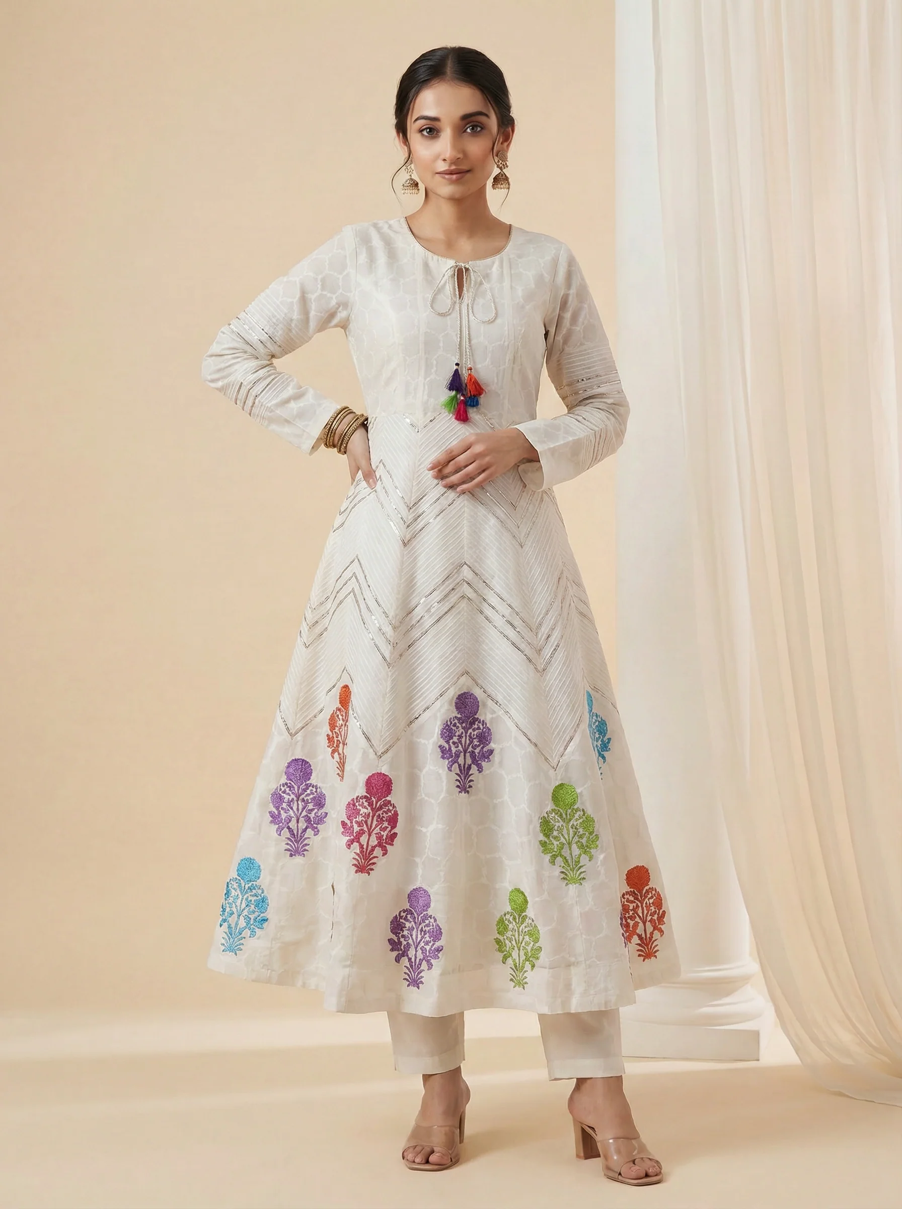 Off white Mul Chanderi Anarkali Suit - Image 2