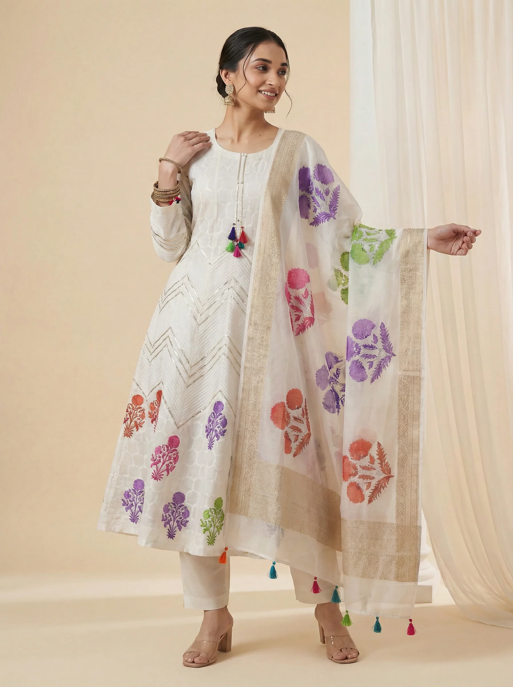 Off white Mul Chanderi Anarkali Suit - Image 3