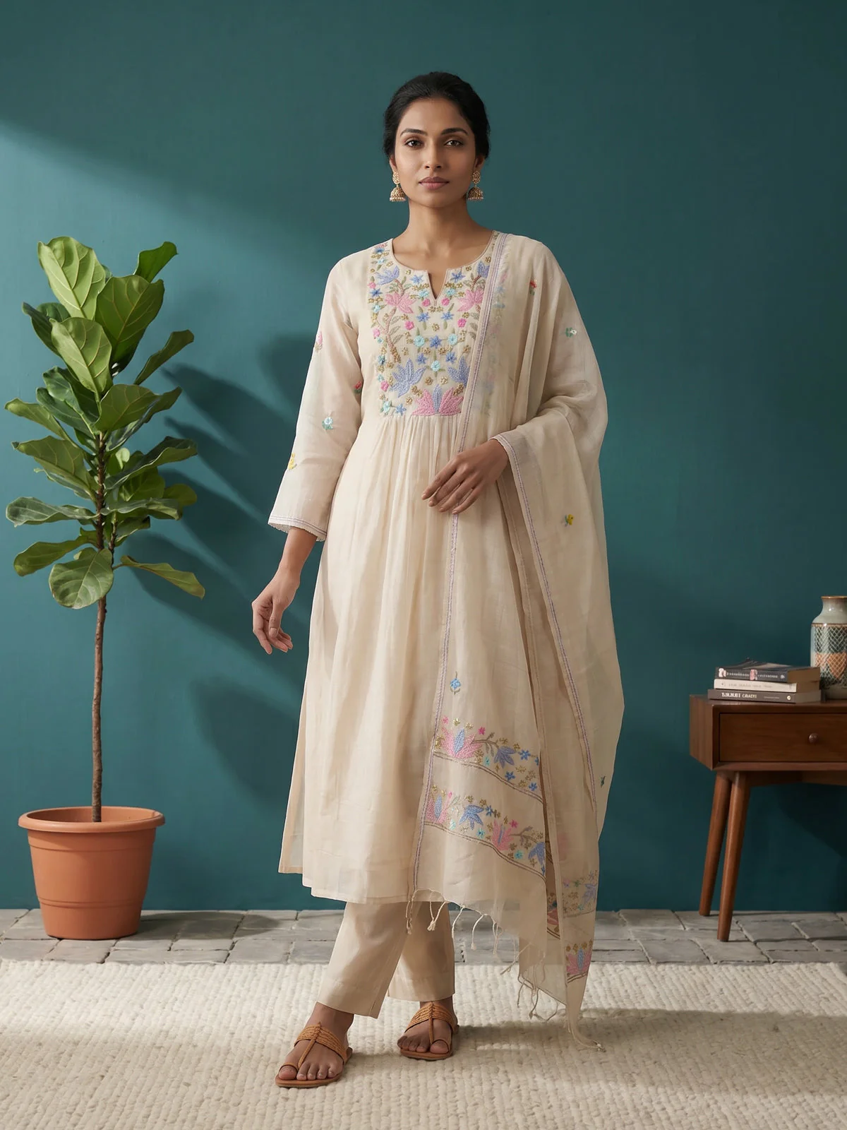 Off White Mul Chanderi Anarkali Suit - Image 2