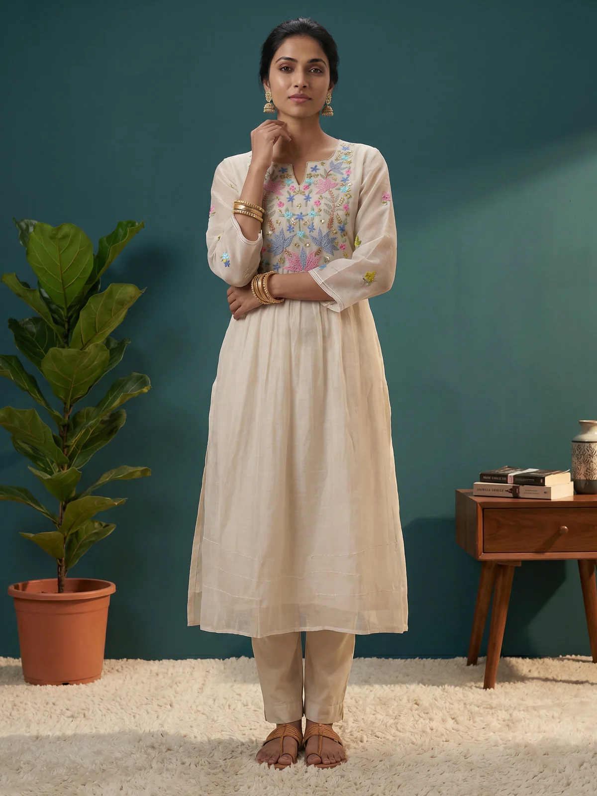 Off White Mul Chanderi Anarkali Suit - Image 3