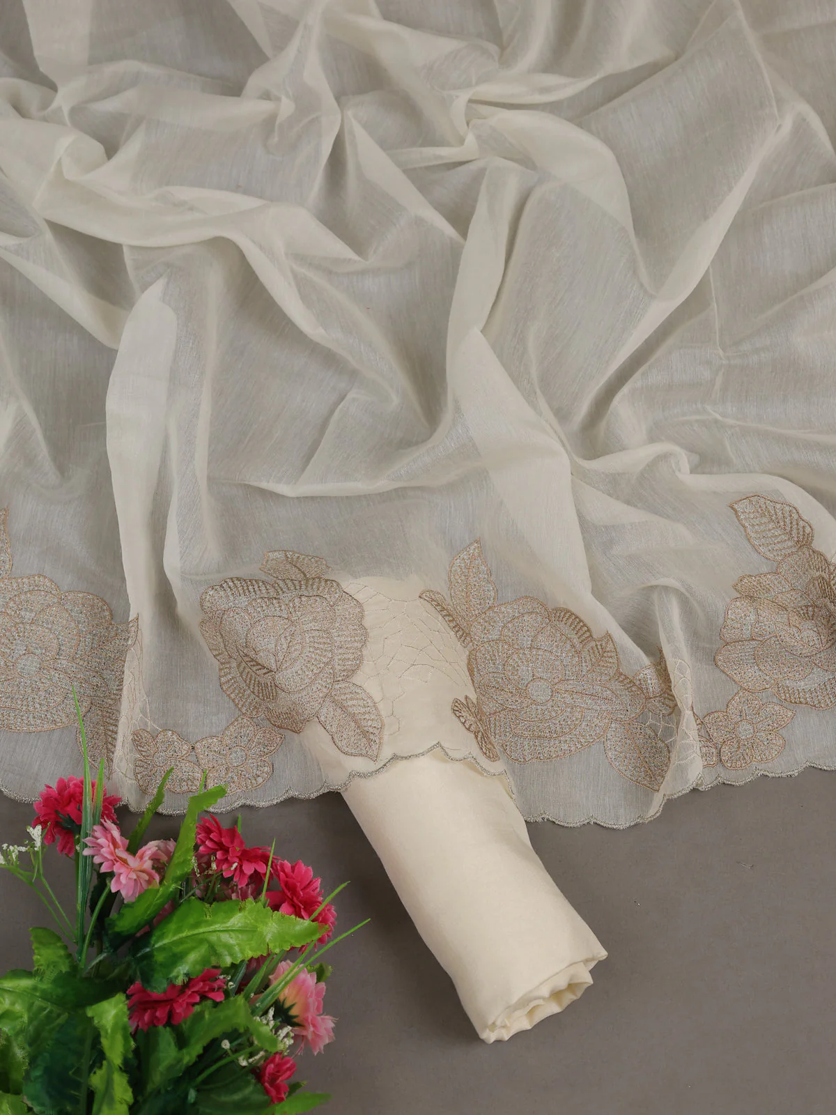 Off White Mul Chanderi Unstitched Suit - Image 2