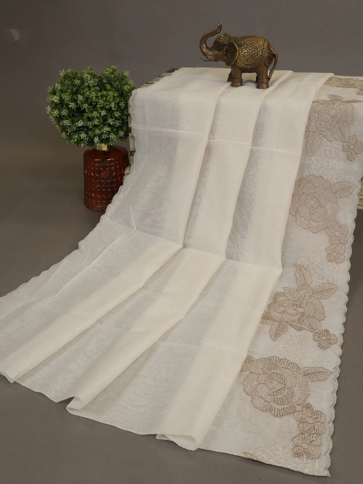 Off White Mul Chanderi Unstitched Suit - Image 3