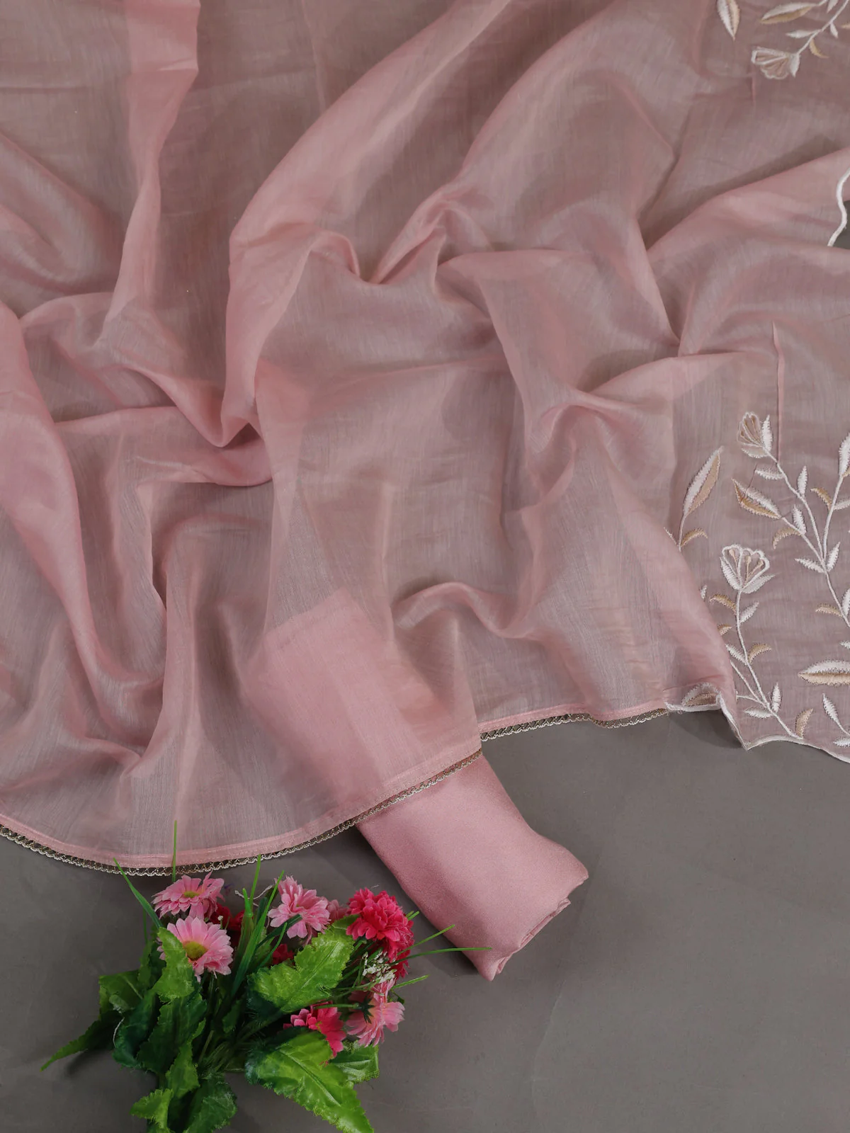 Off White -Peach Mul Chanderi Semi Stitched Suit - Image 2