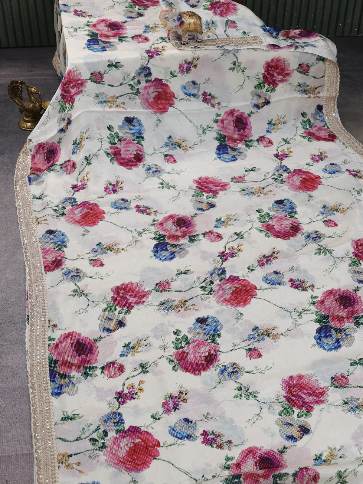 Off White Satin Crepe Saree - Image 2