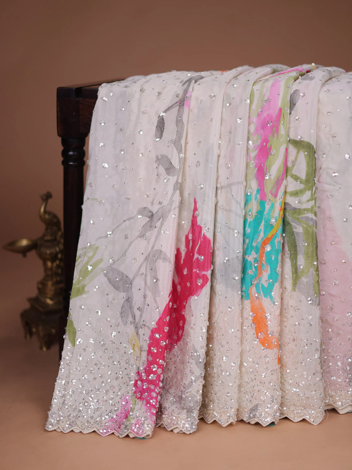 Off White Satin Silk Saree With Embroidered Readymade Blouse - Image 2
