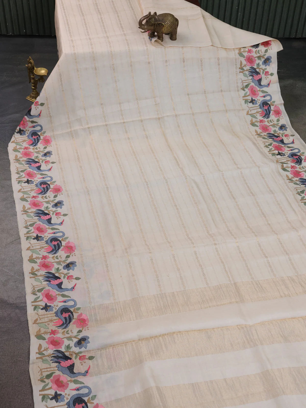 Off White Tussar Silk Saree - Image 2