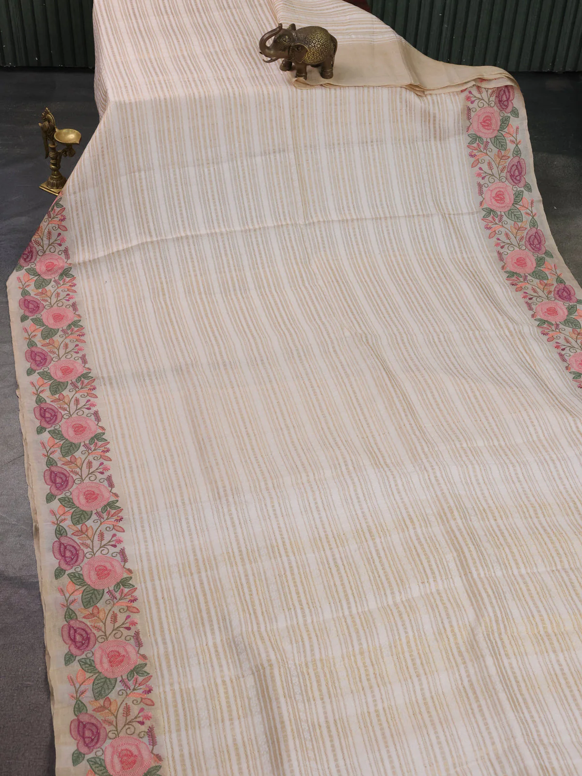 Off White Tussar Silk Saree - Image 2