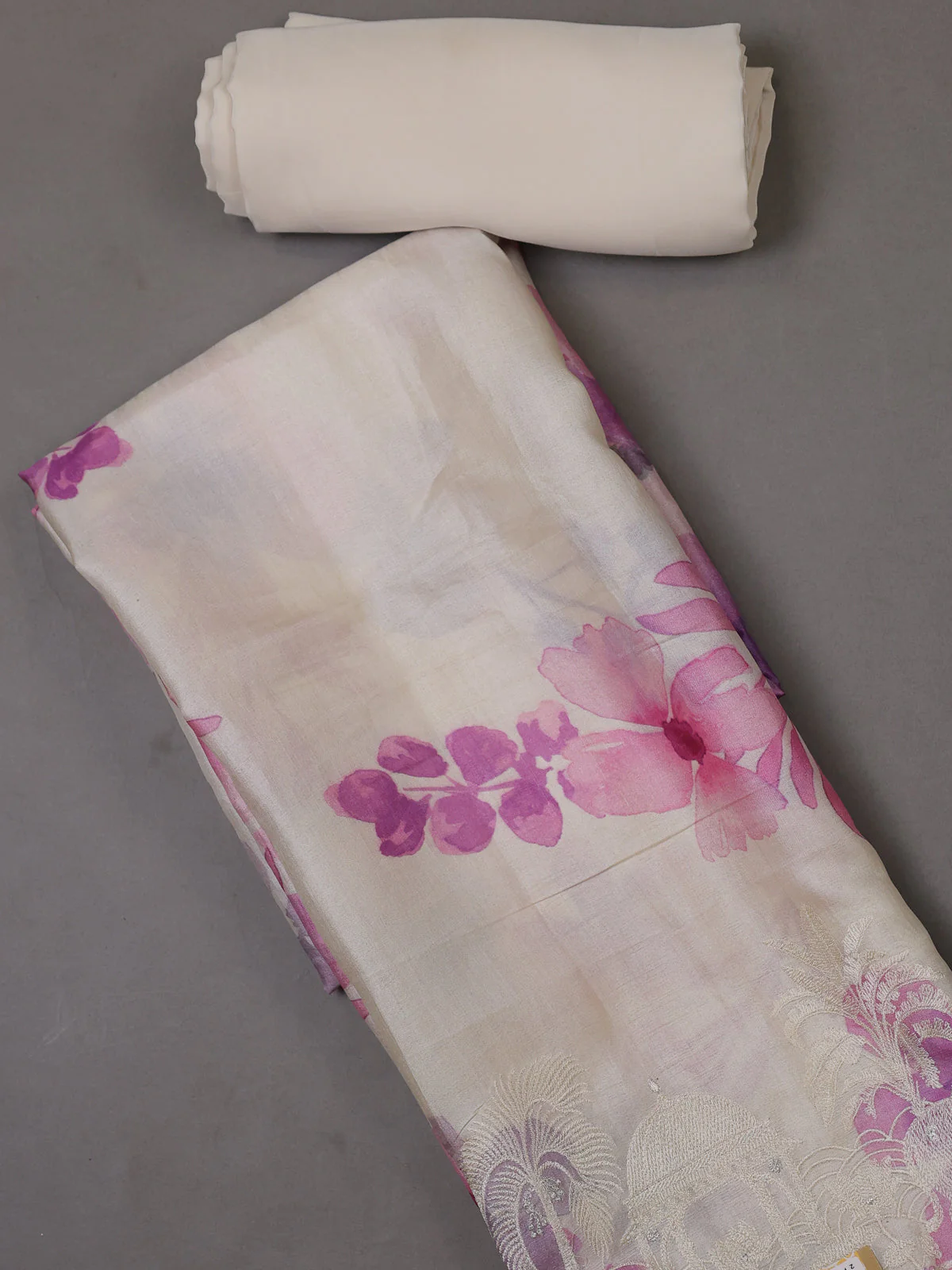 Off White Tussar Silk Unstitched Suit - Image 2