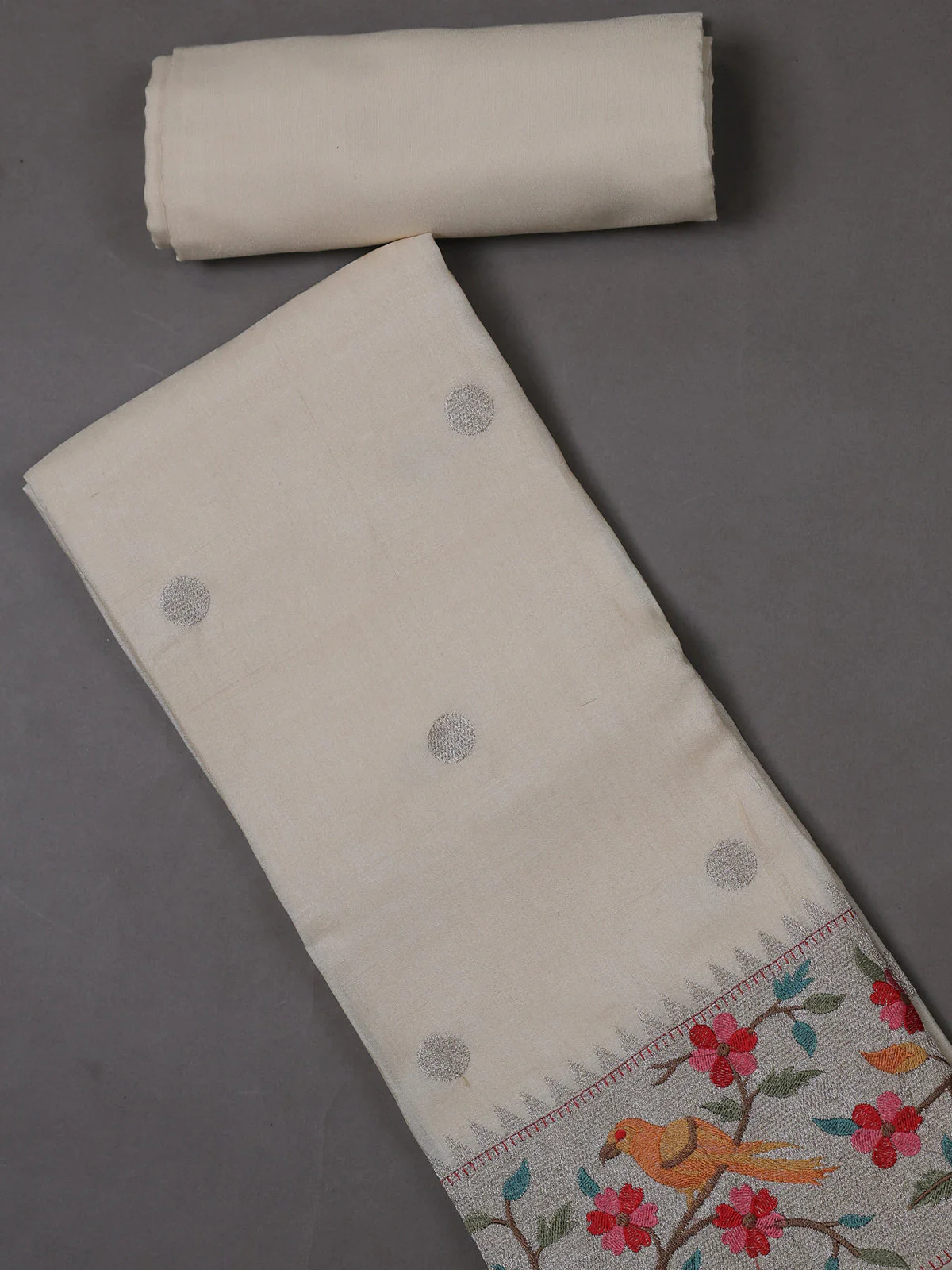 Off white Tussar Silk Unstitched Suit - Image 2