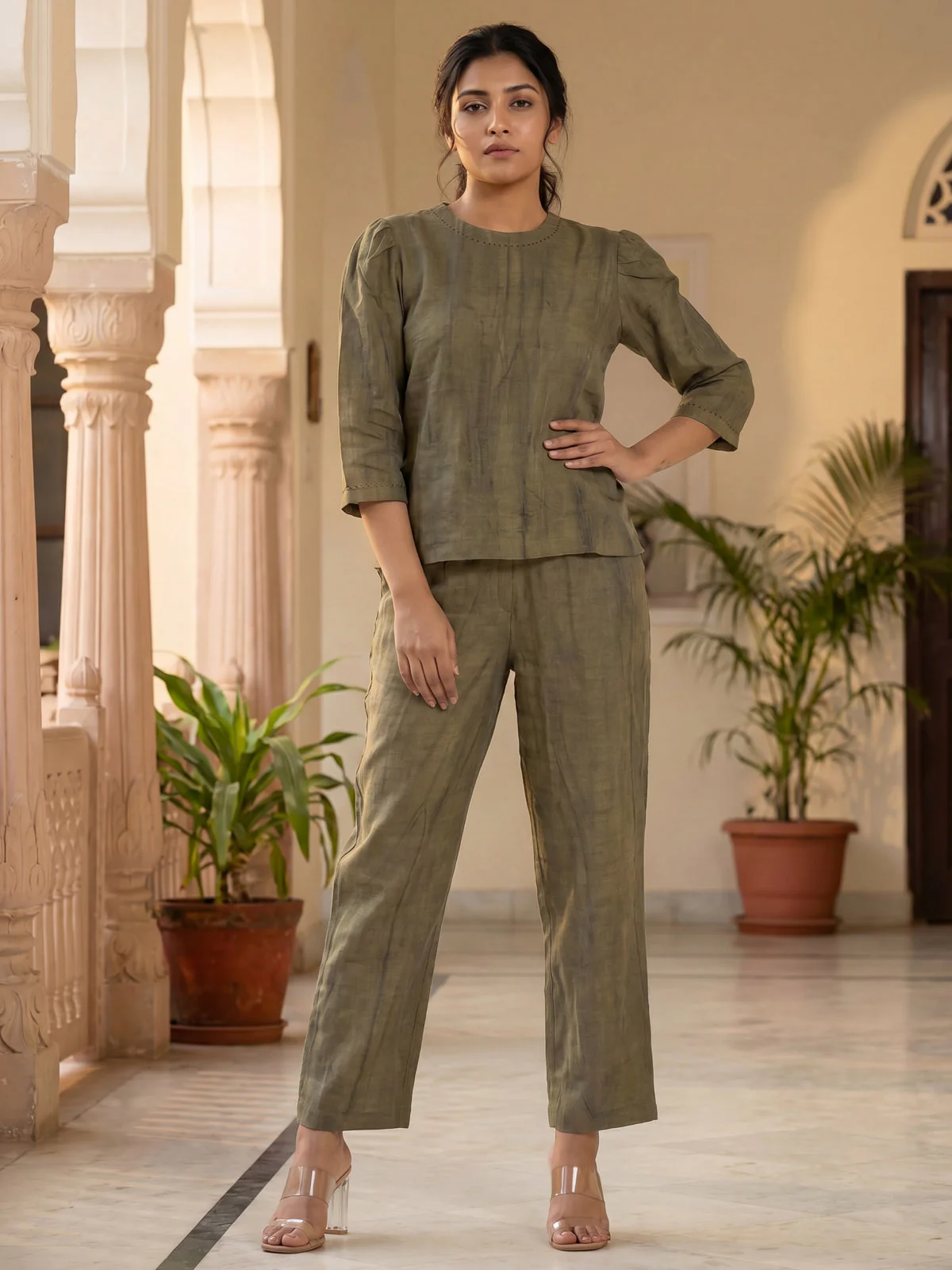 Olive Green Linen Cotton Co-Ord Set - Image 2