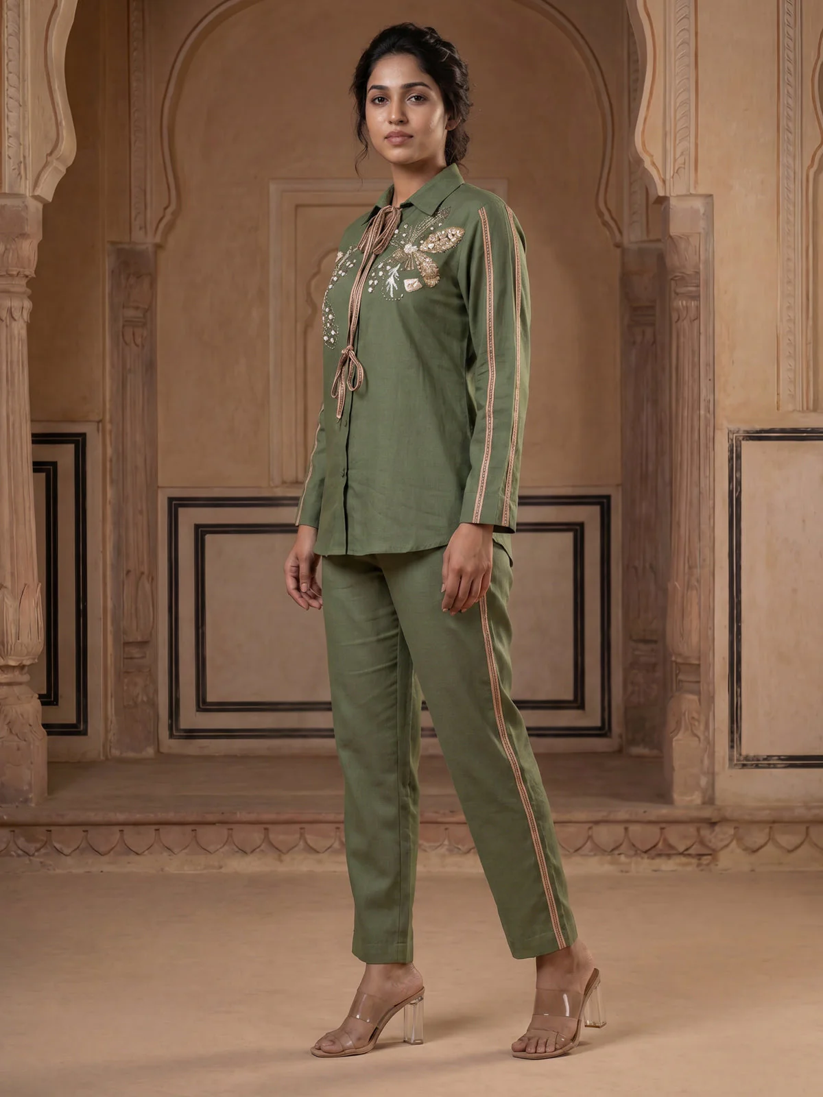 Olive Green Linen Cotton Co-Ort Set - Image 2