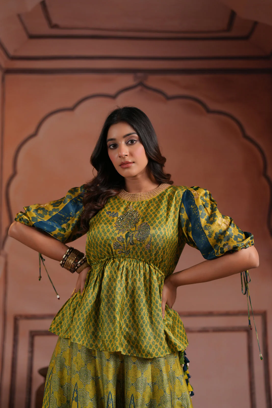 Olive Green Raw Silk Festive Peplum Skirt Set - Image 10