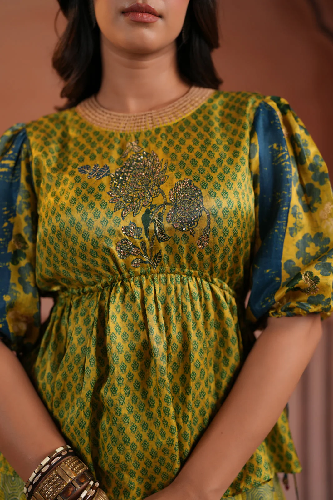 Olive Green Raw Silk Festive Peplum Skirt Set - Image 11