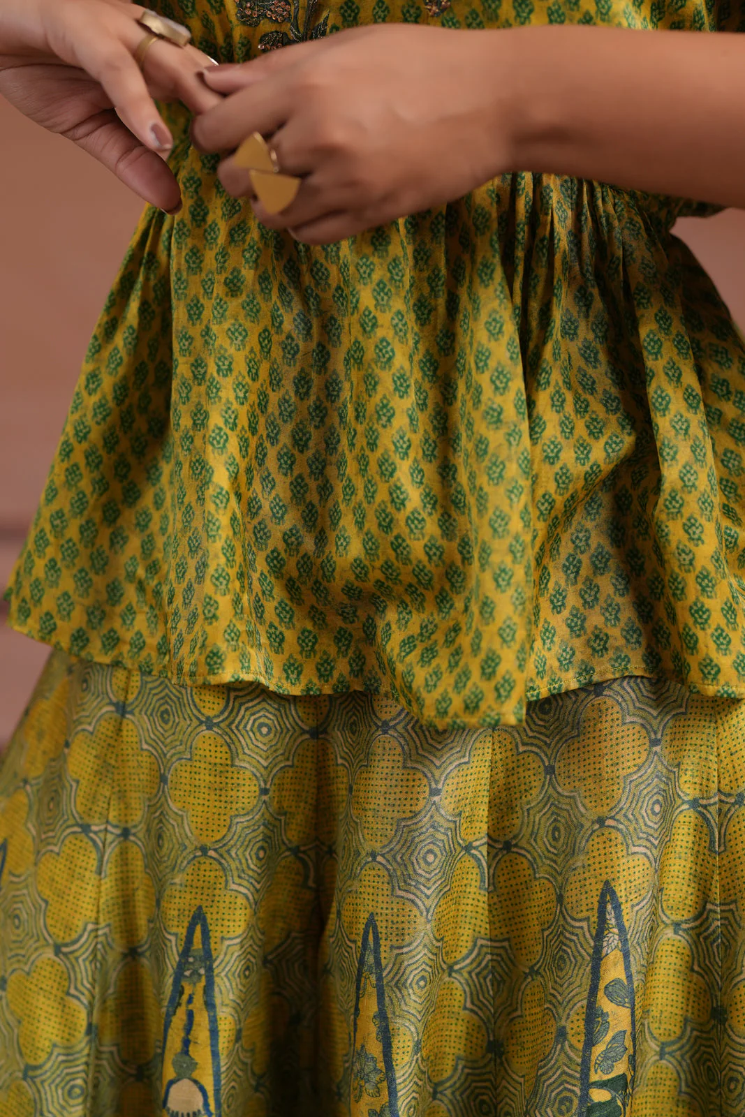 Olive Green Raw Silk Festive Peplum Skirt Set - Image 13
