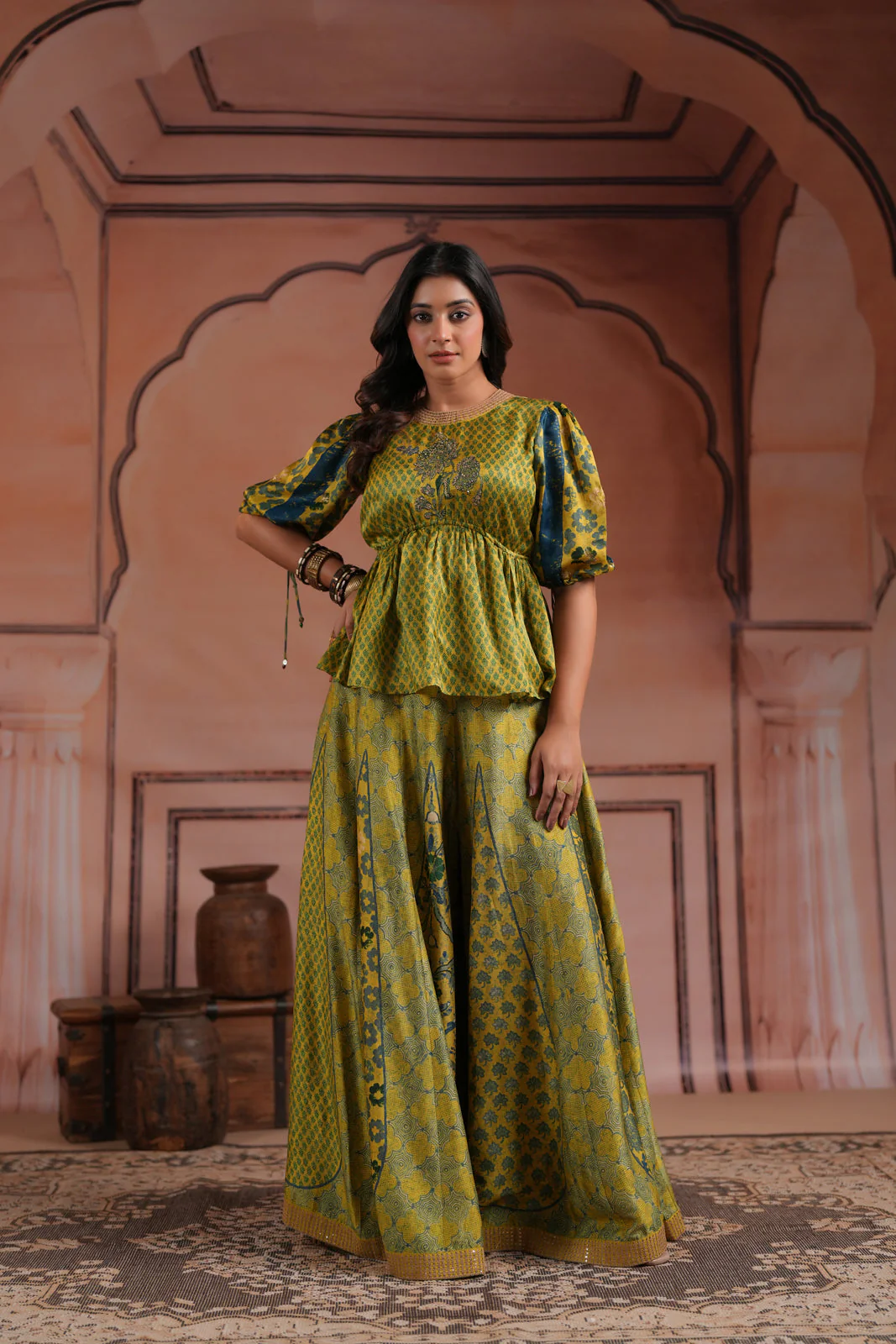 Olive Green Raw Silk Festive Peplum Skirt Set - Image 3