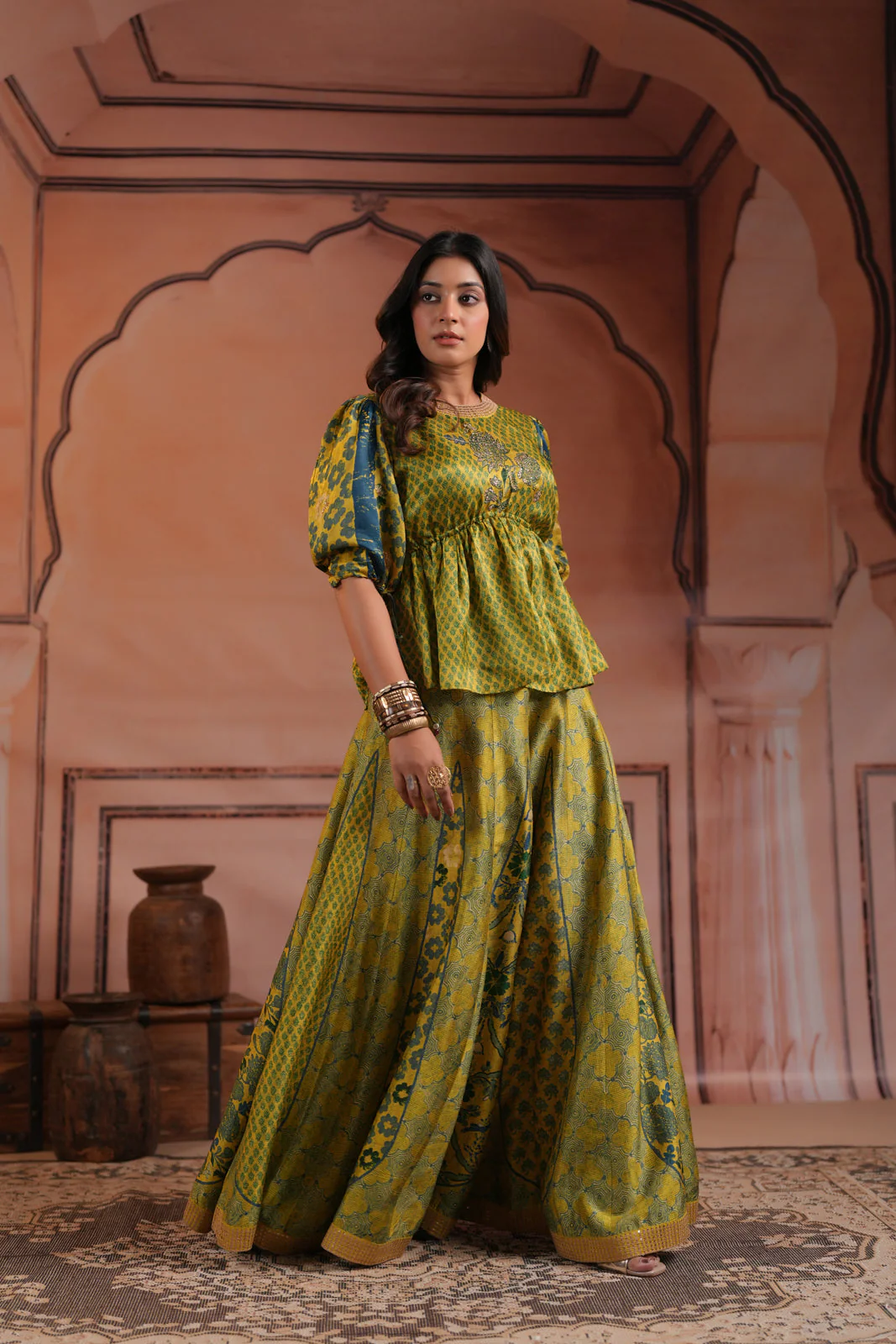 Olive Green Raw Silk Festive Peplum Skirt Set - Image 4