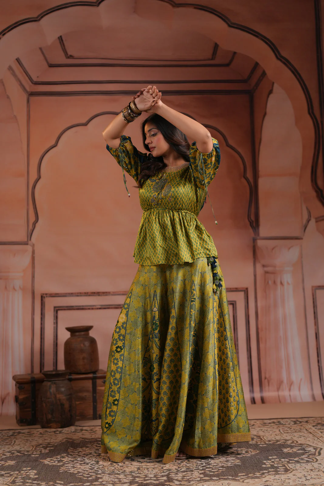 Olive Green Raw Silk Festive Peplum Skirt Set - Image 5