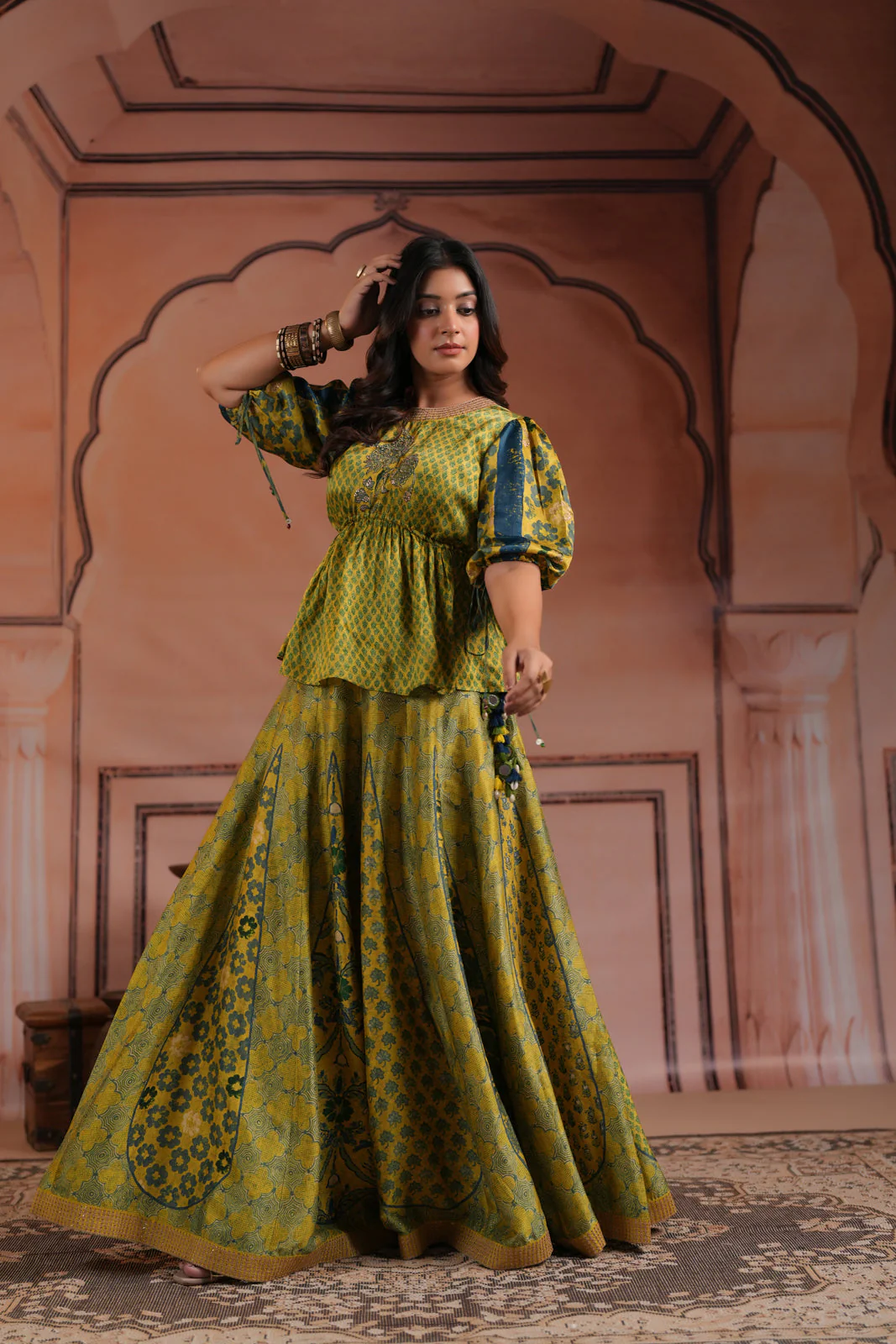 Olive Green Raw Silk Festive Peplum Skirt Set - Image 6