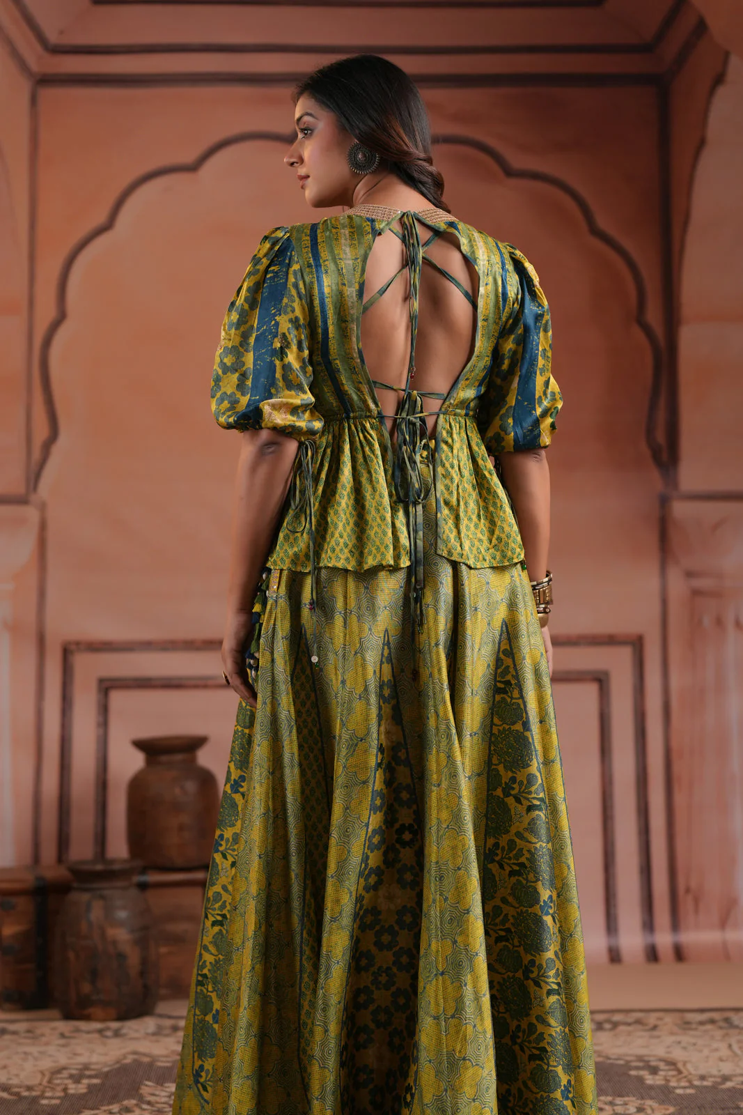 Olive Green Raw Silk Festive Peplum Skirt Set - Image 7
