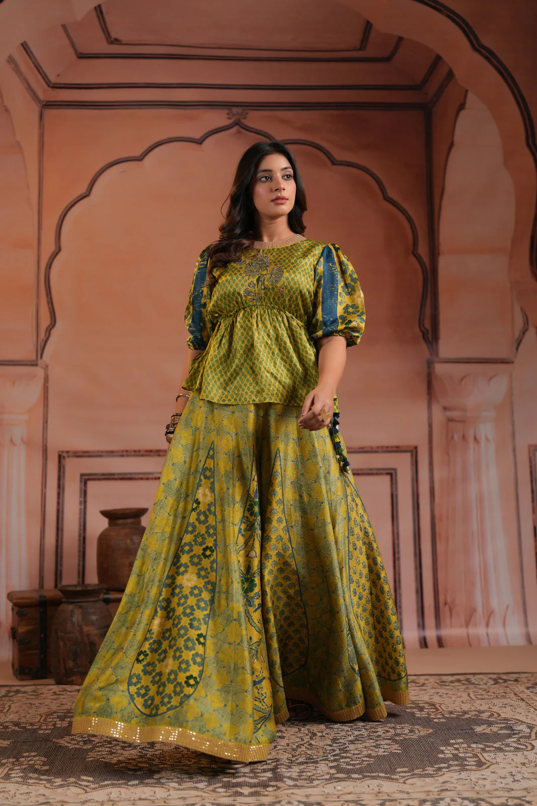 Olive Green Raw Silk Festive Peplum Skirt Set - Image 8