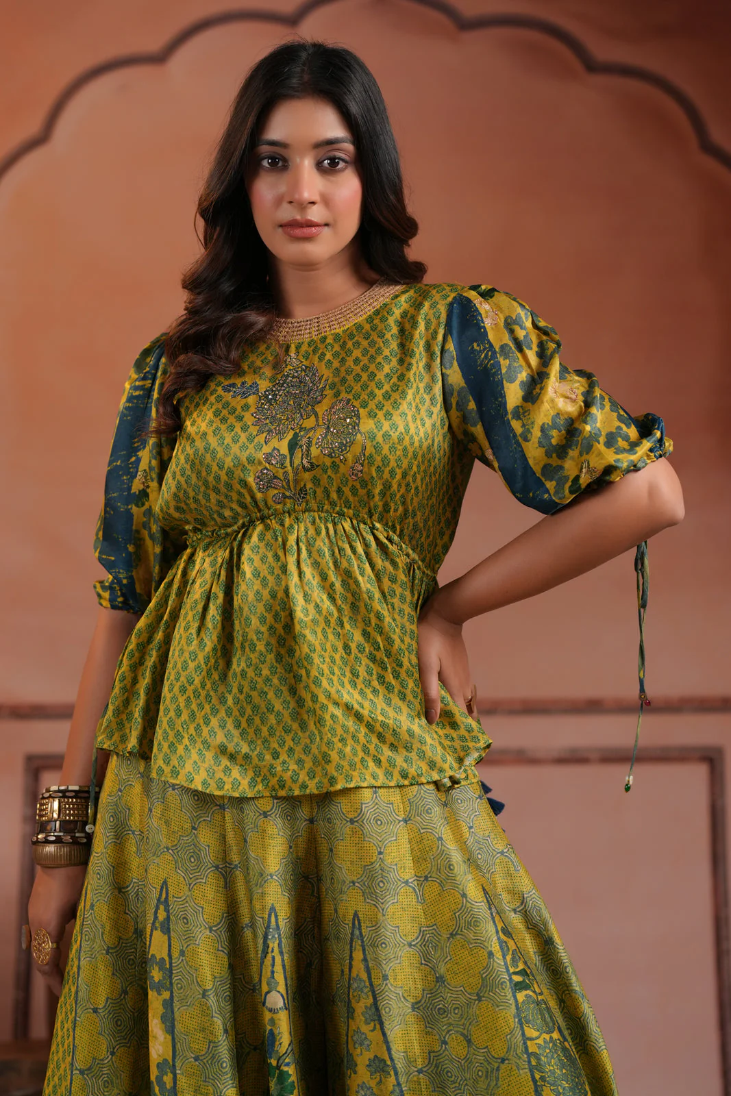 Olive Green Raw Silk Festive Peplum Skirt Set - Image 9