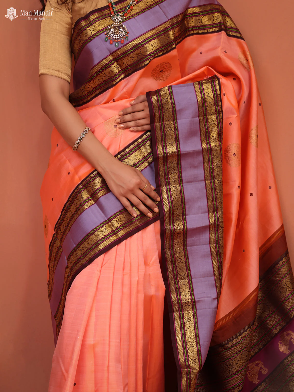 Orange - Coffee Brown Kanchipuram Silk Saree - Image 2