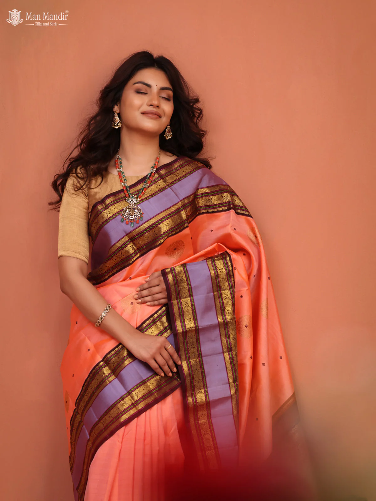 Orange - Coffee Brown Kanchipuram Silk Saree - Image 3