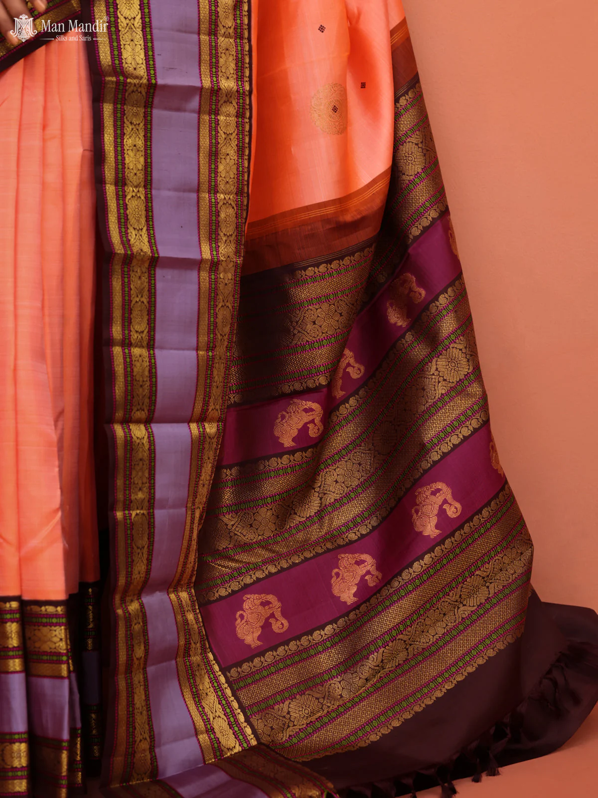 Orange - Coffee Brown Kanchipuram Silk Saree - Image 4