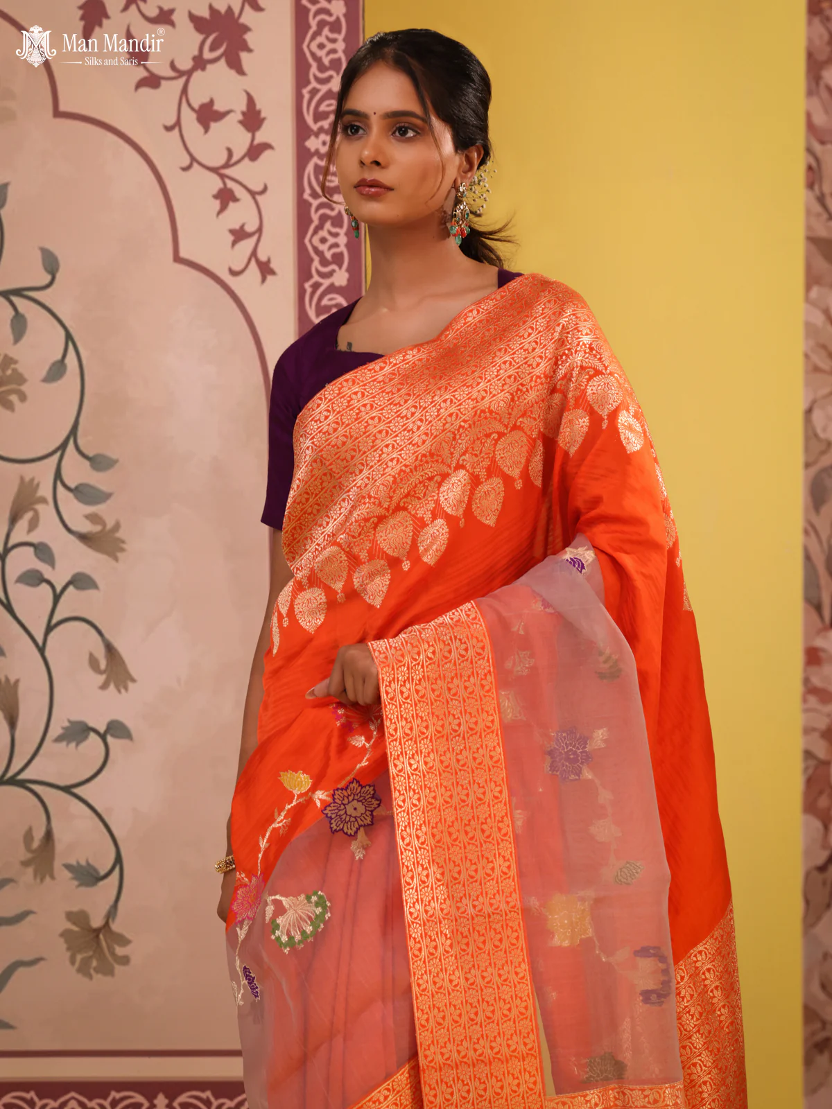 Orange- Grey Banarasi Silk Saree With Plain Body & Organza Floral Design Zari Border - Image 3