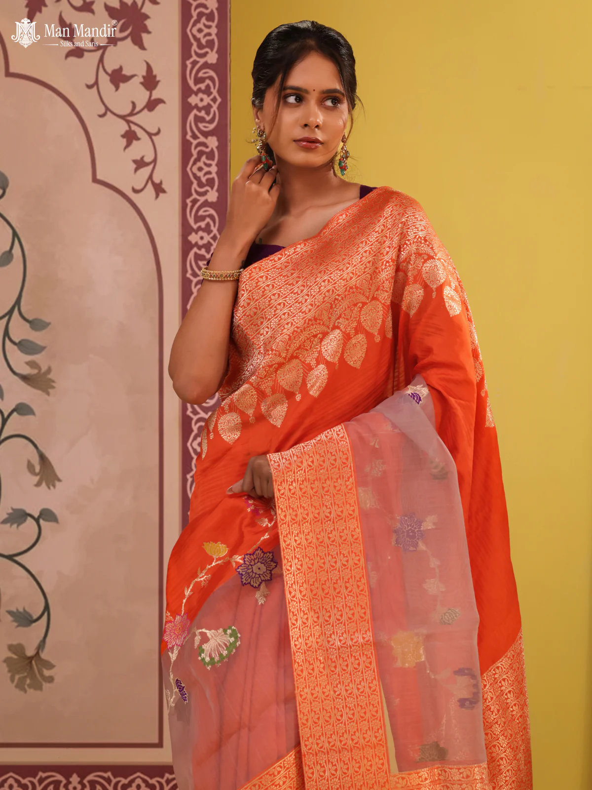 Orange- Grey Banarasi Silk Saree With Plain Body & Organza Floral Design Zari Border - Image 4