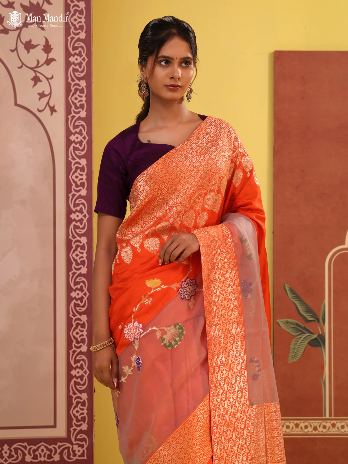 Orange- Grey Banarasi Silk Saree With Plain Body & Organza Floral Design Zari Border - Image 5
