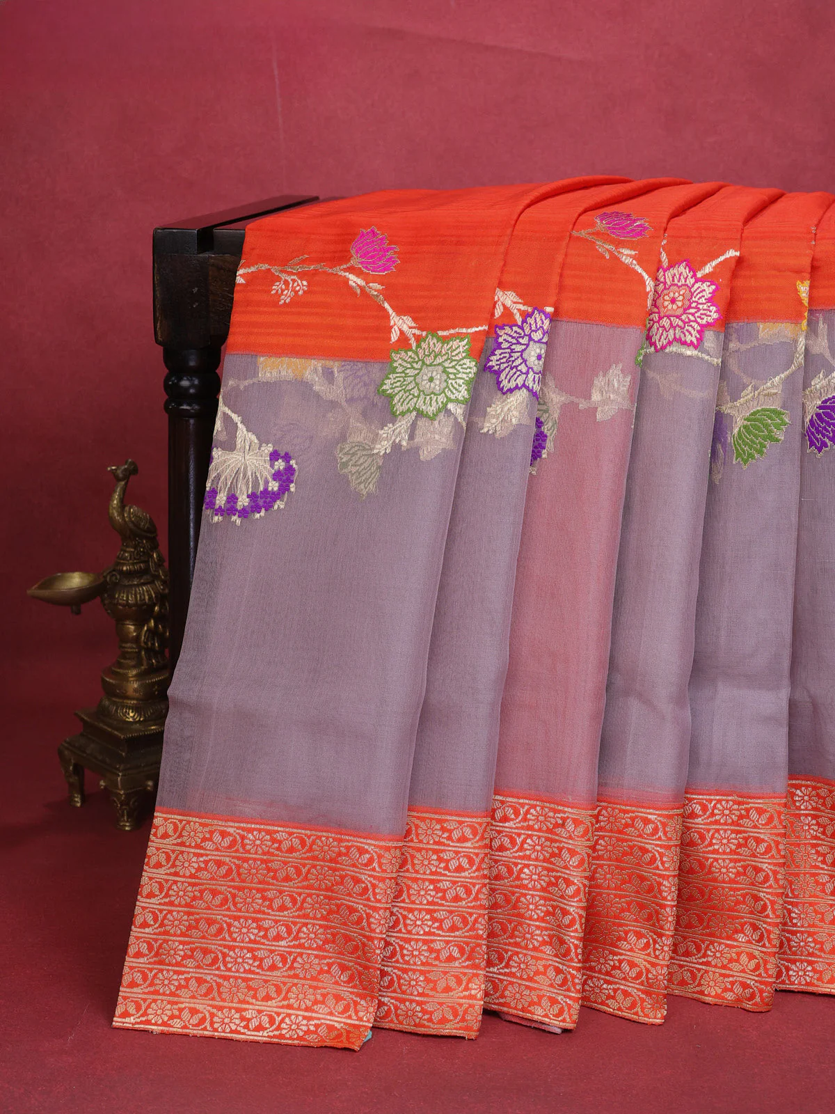 Orange- Grey Banarasi Silk Saree With Plain Body & Organza Floral Design Zari Border - Image 6