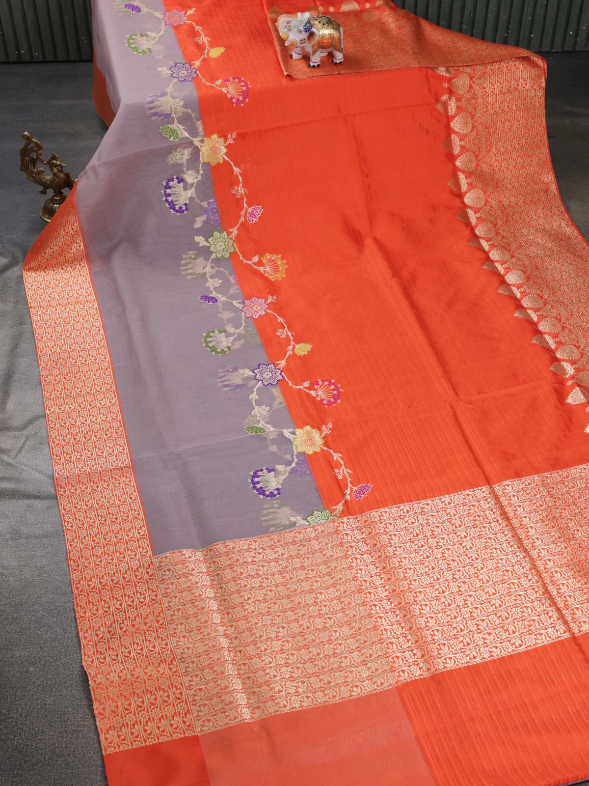 Orange- Grey Banarasi Silk Saree With Plain Body & Organza Floral Design Zari Border - Image 7