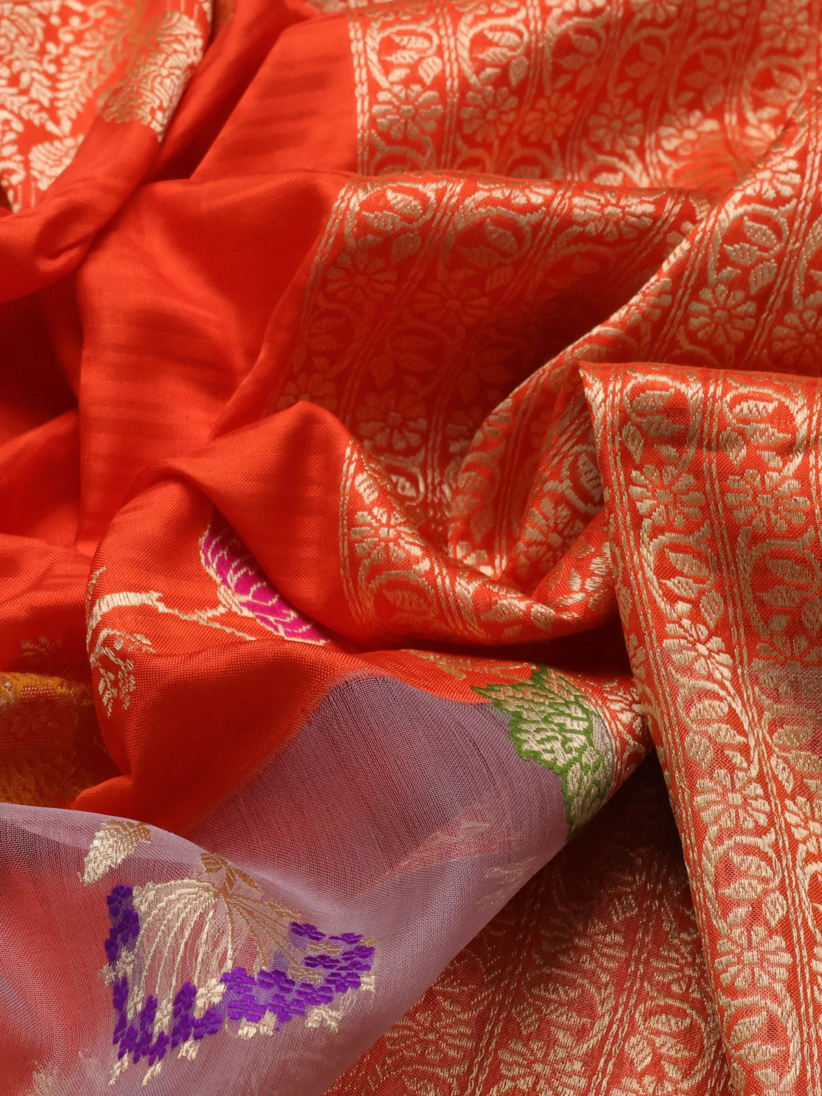 Orange- Grey Banarasi Silk Saree With Plain Body & Organza Floral Design Zari Border - Image 8