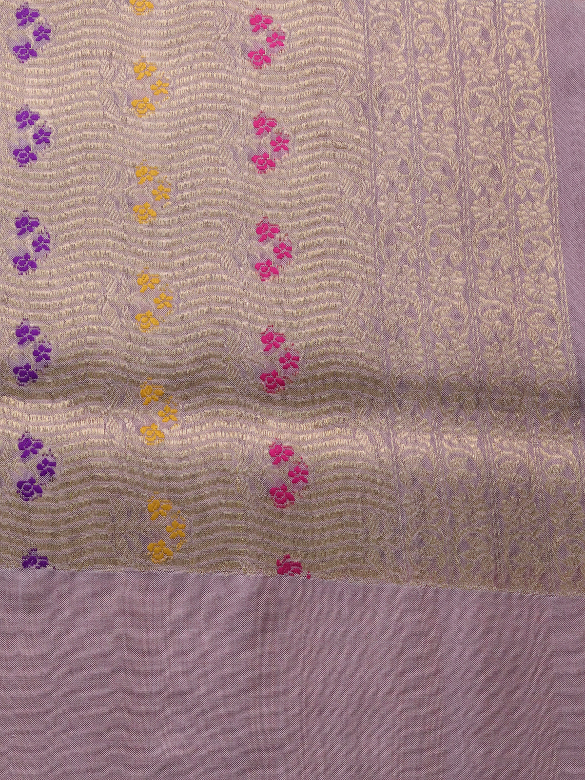 Orange- Grey Banarasi Silk Saree With Plain Body & Organza Floral Design Zari Border - Image 9