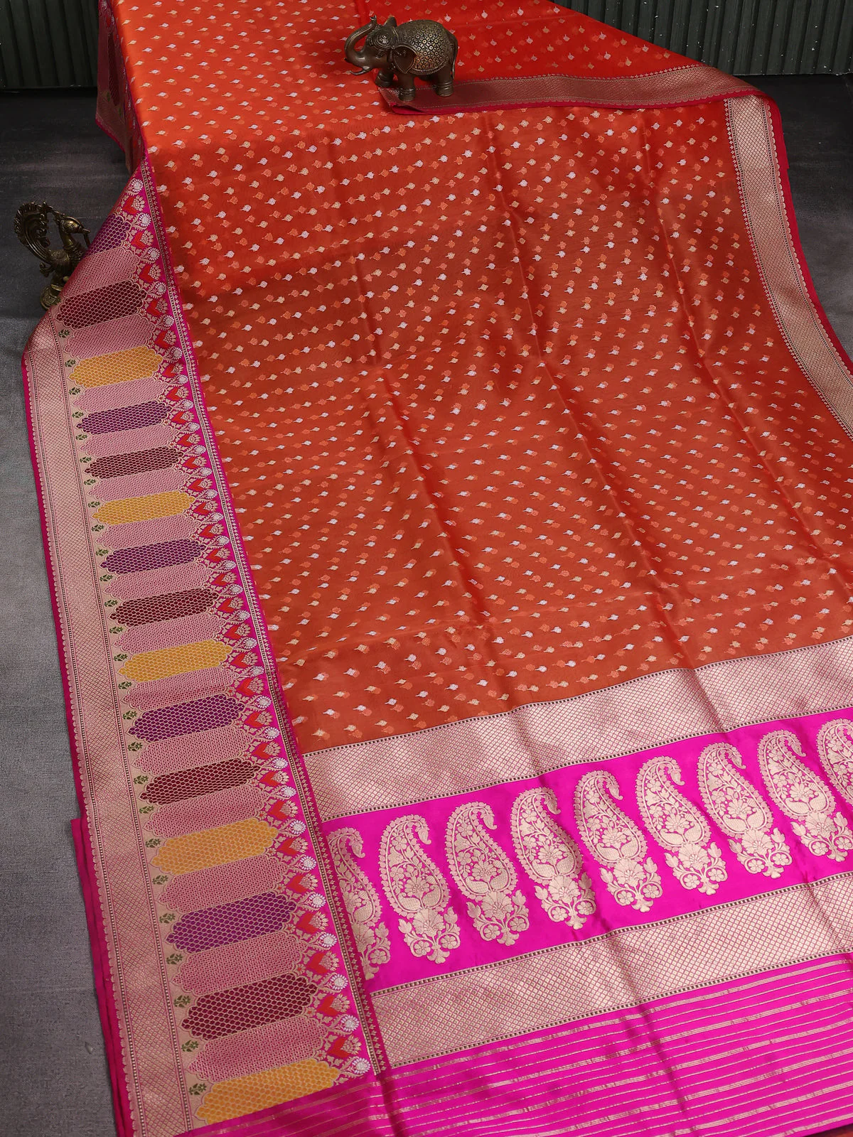 Orange-Pink Banarasi Kora Saree - Image 2