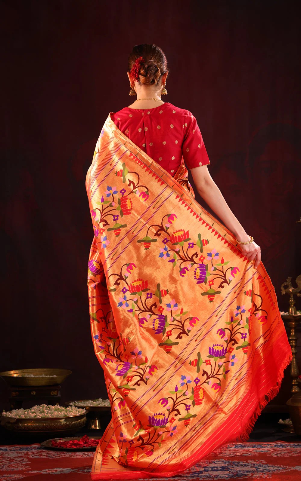 Red Pure Paithani Silk Saree With Mina Weaves - Image 4