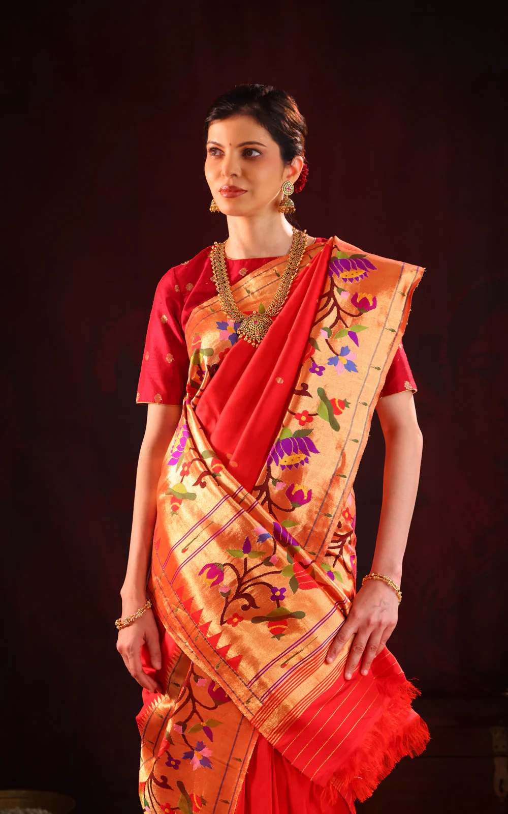 Red Pure Paithani Silk Saree With Mina Weaves - Image 5