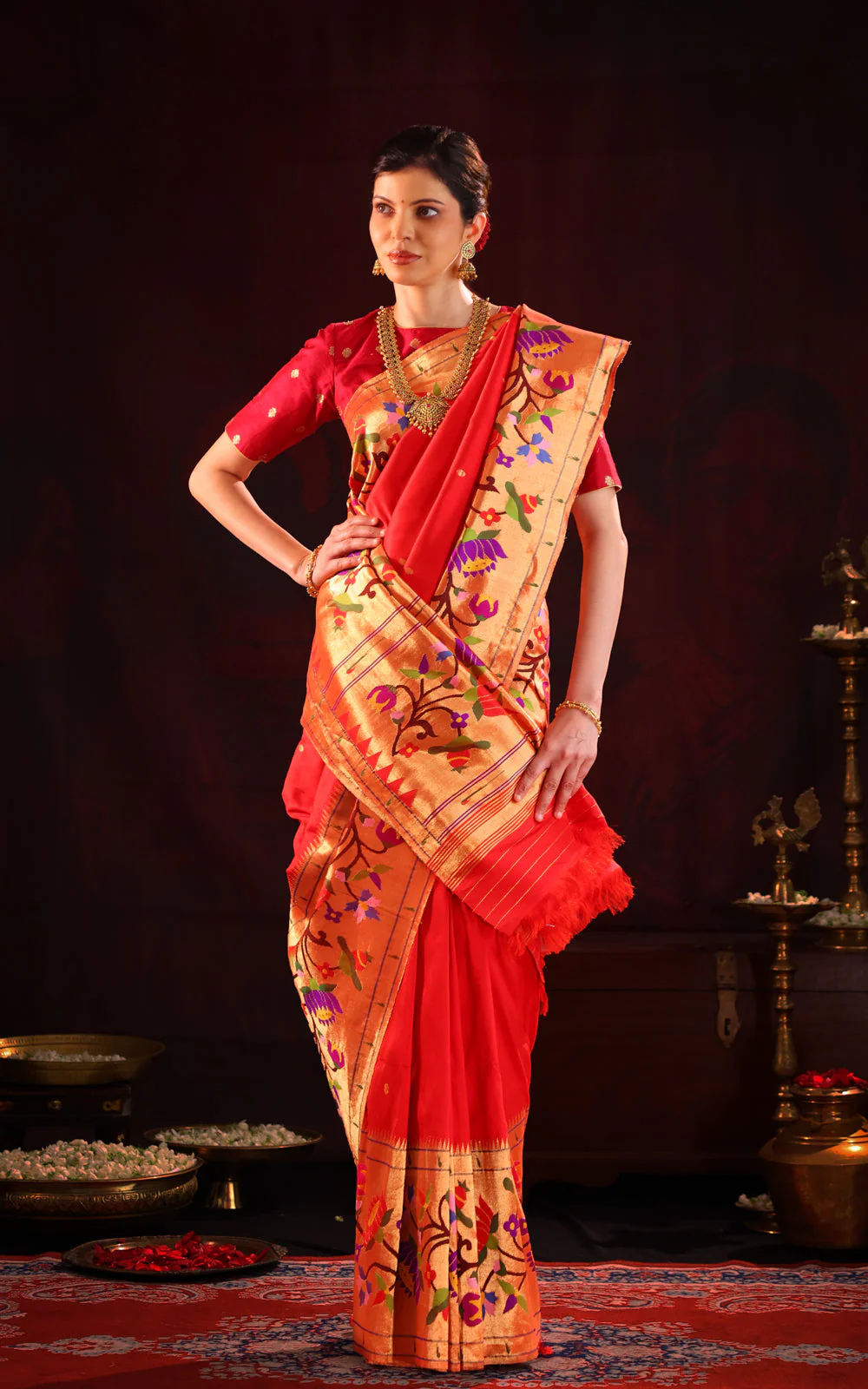 Red Pure Paithani Silk Saree With Mina Weaves - Image 6