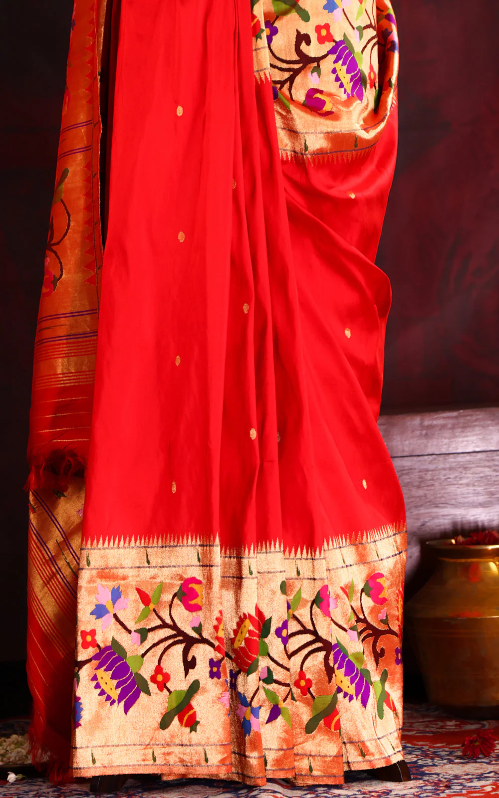 Red Pure Paithani Silk Saree With Mina Weaves - Image 9