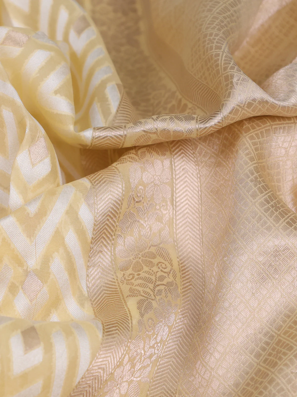 Pale Yellow Banarasi Kora Saree With Allover Thread Weaves And Satin Border - Image 3