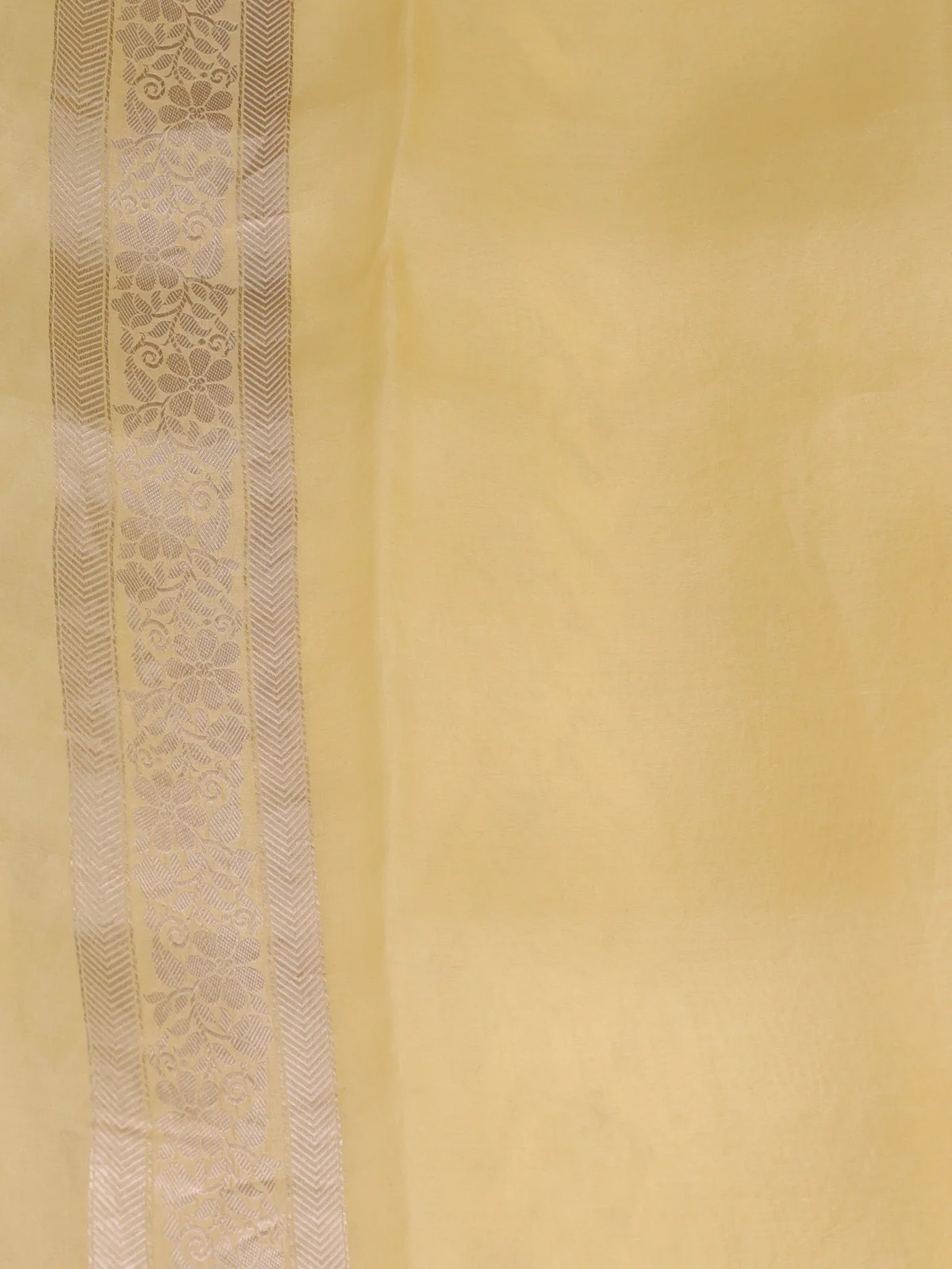 Pale Yellow Banarasi Kora Saree With Allover Thread Weaves And Satin Border - Image 4