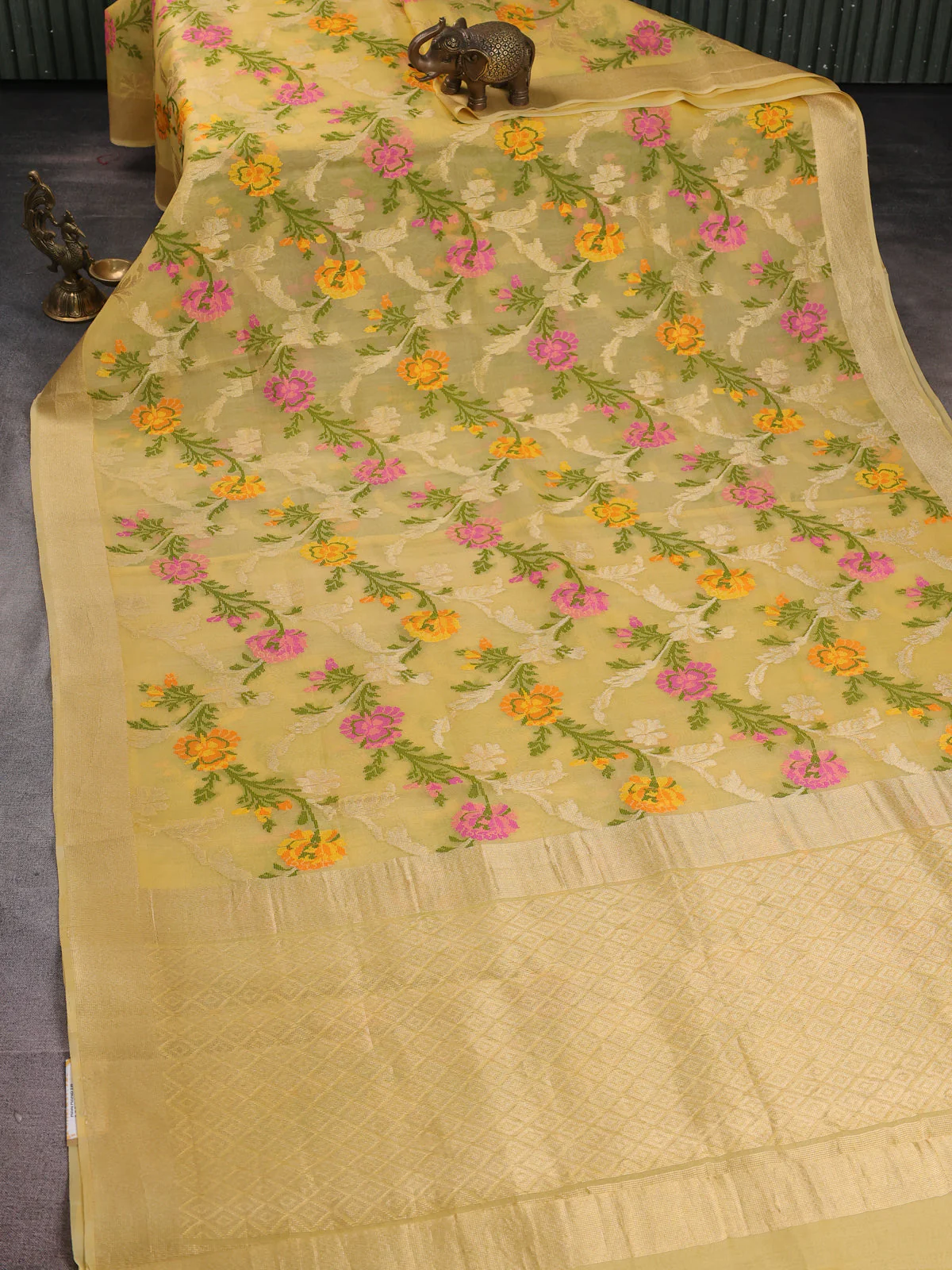 Pale Yellow Banarasi Kora Silk Saree - Image 2