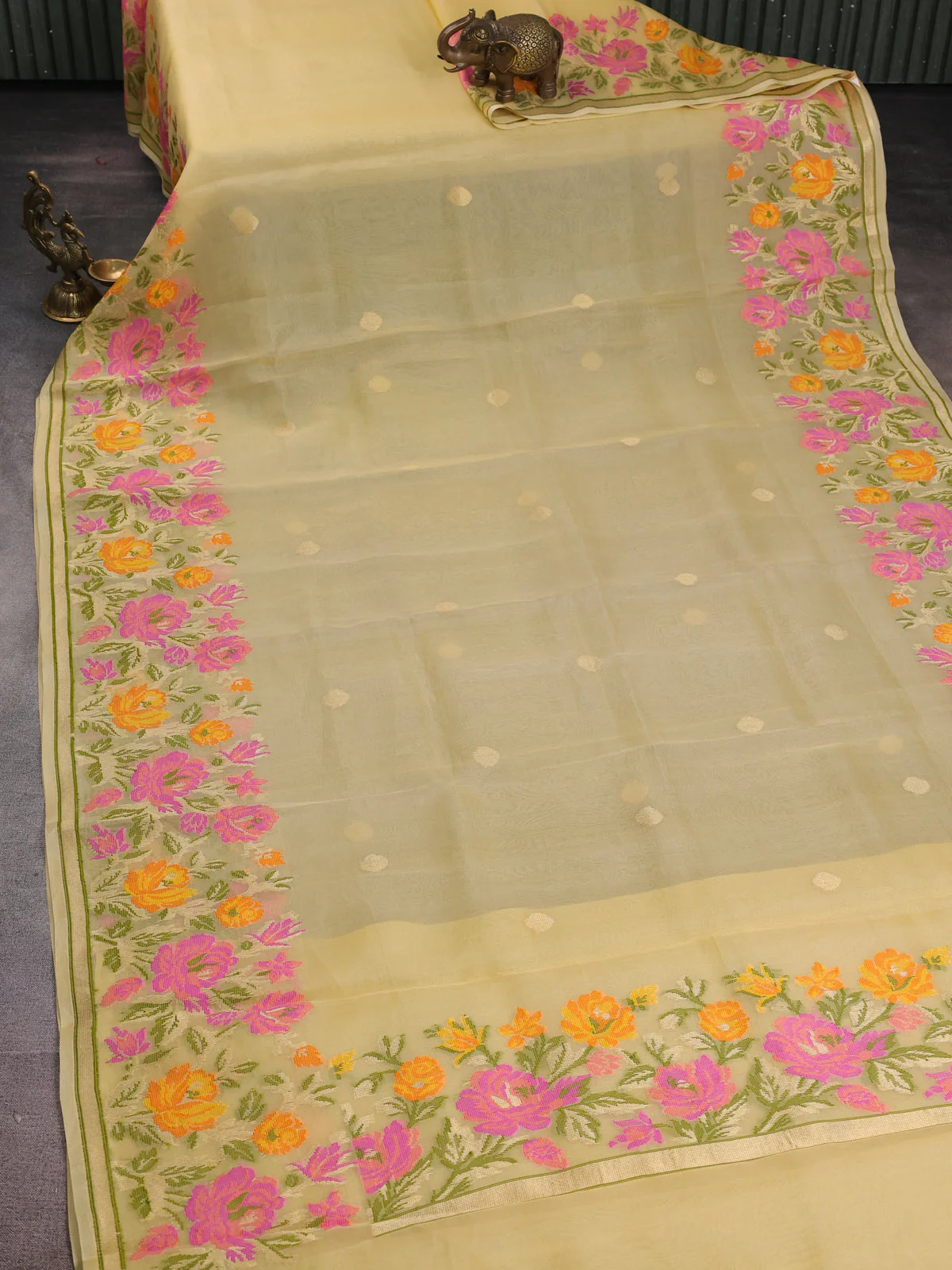 Pale Yellow Banarasi Kora Silk Saree - Image 2