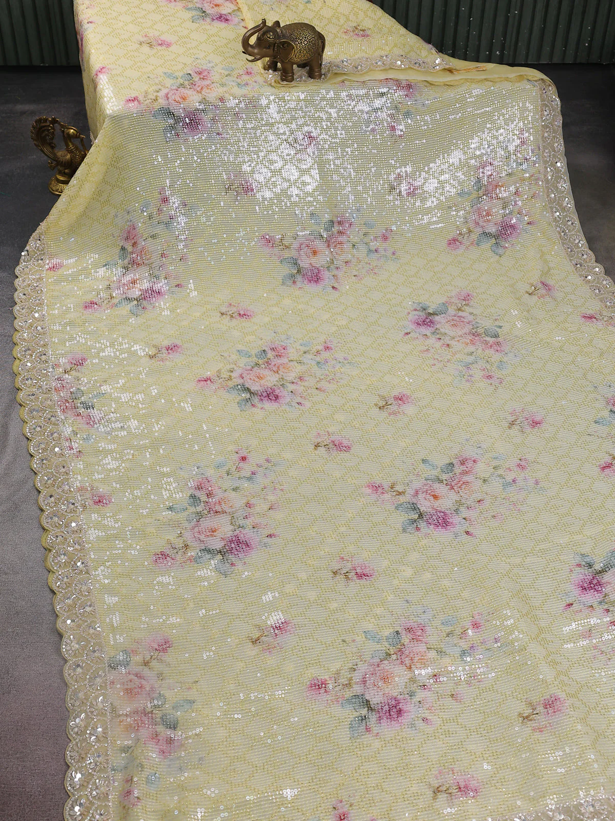 Pale Yellow Georgette Sequin Work Saree - Image 2