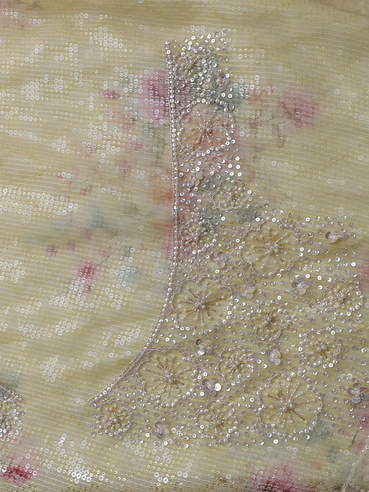 Pale Yellow Georgette Sequin Work Saree - Image 4