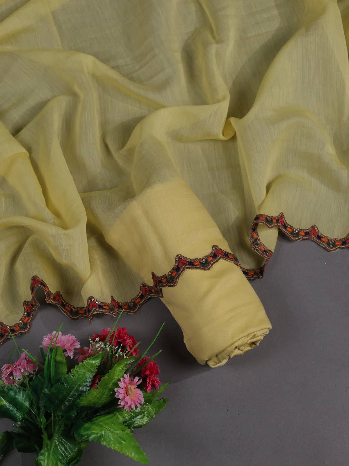 Pale Yellow Mul Chanderi Semi Stitched Suit - Image 2