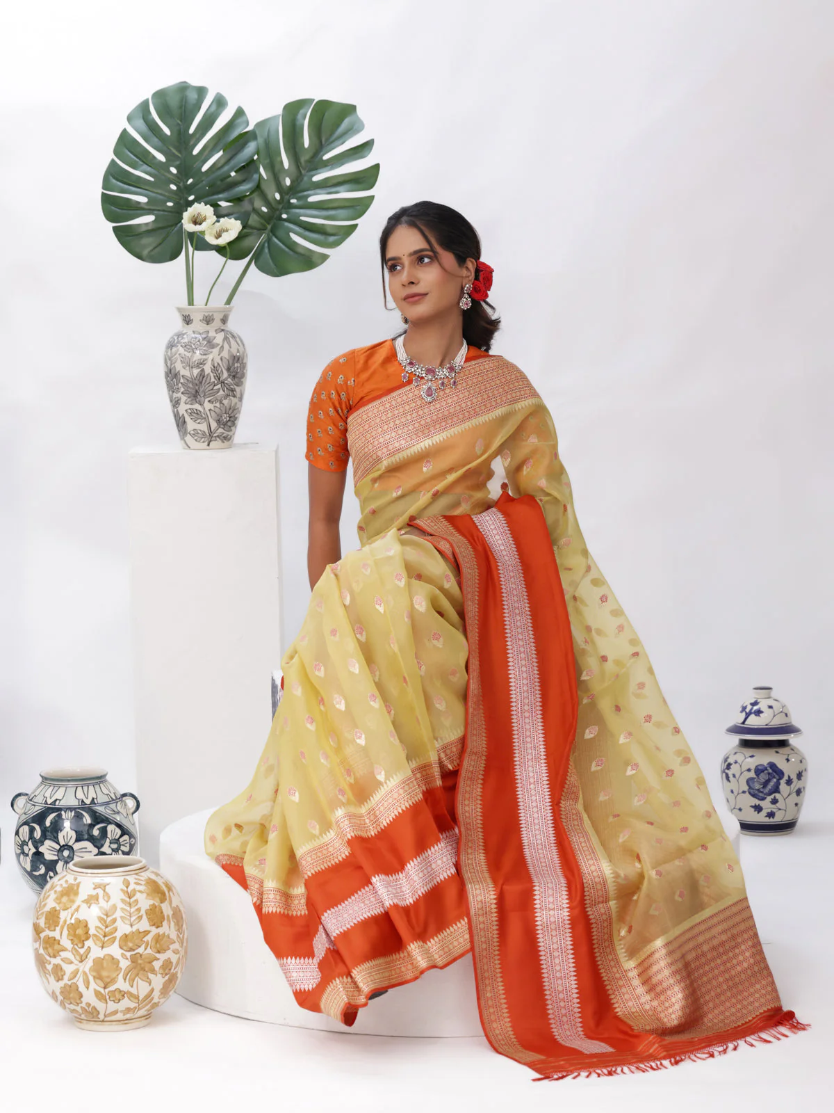 Pale Yellow - Orange Banarasi Ektara Kora Silk Saree - Image 2