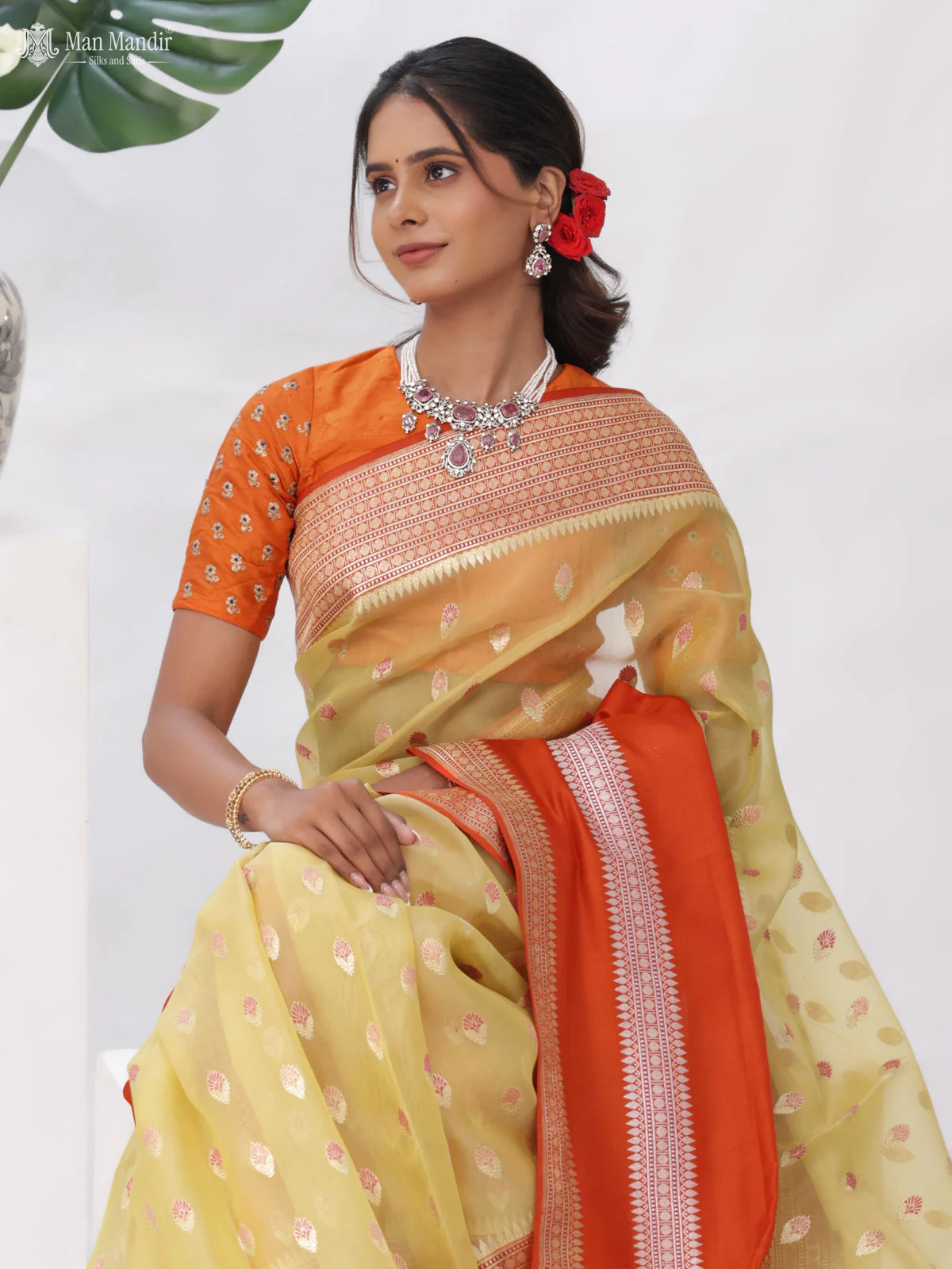 Pale Yellow - Orange Banarasi Ektara Kora Silk Saree - Image 3